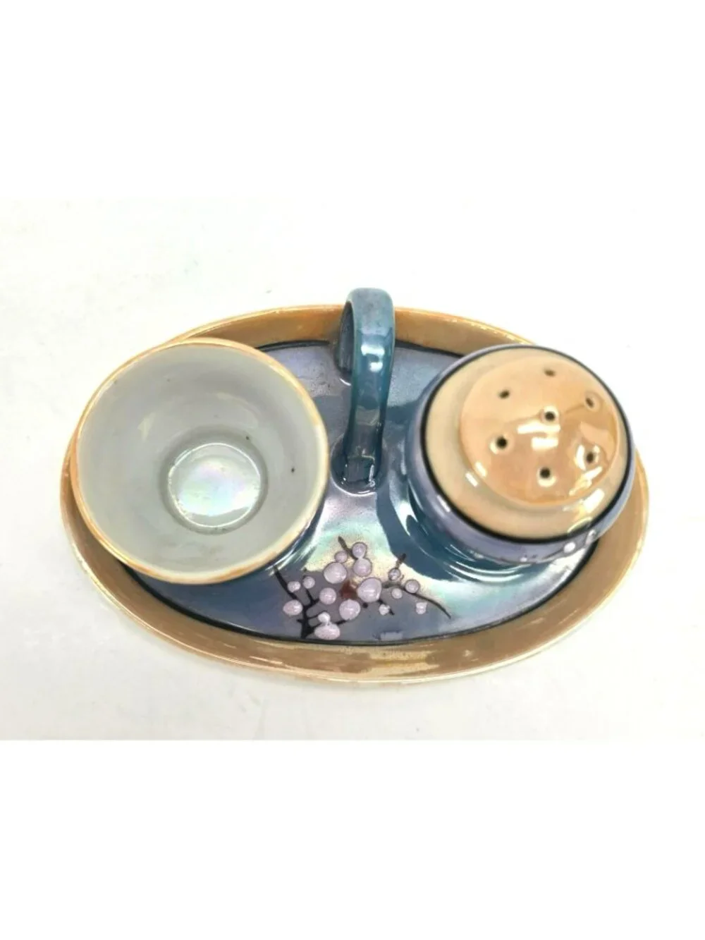 Vintage Lusterware Egg Coddler & Salt Shaker Set With Tray Blue Peach je160